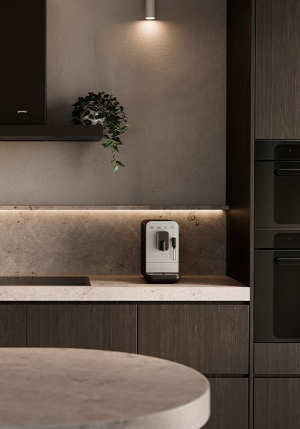Compact coffee machine placed on a stone countertop beneath a wall shelf with hanging greenery.