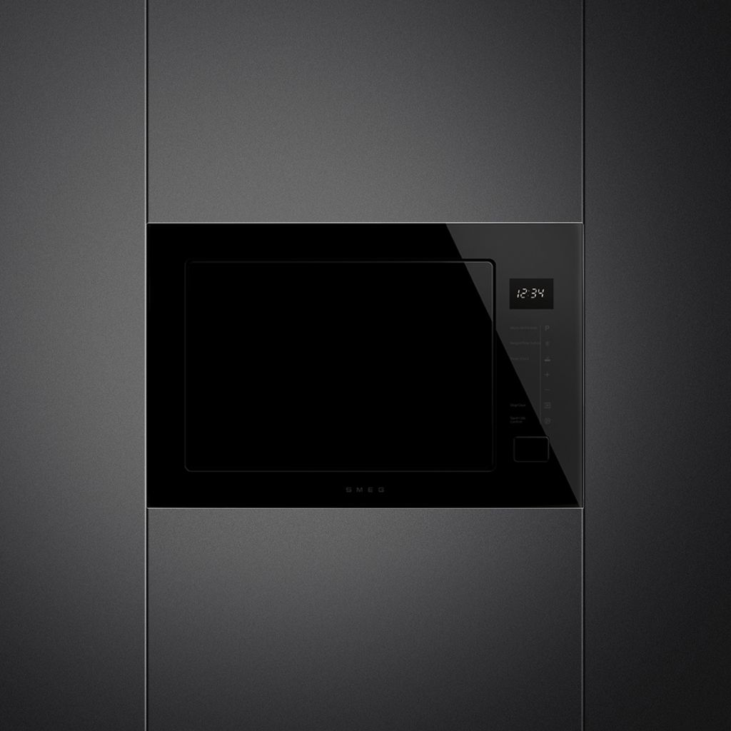 A front-facing view of a Musa microwave oven crafted in black glass and set against a dark, minimalist background.