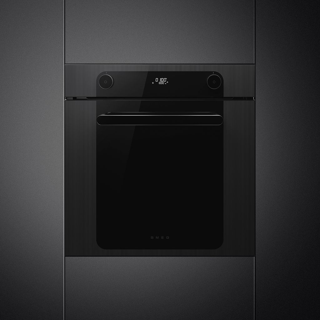 A front-facing view of a Musa oven crafted in black glass and set against a dark, minimalist background.