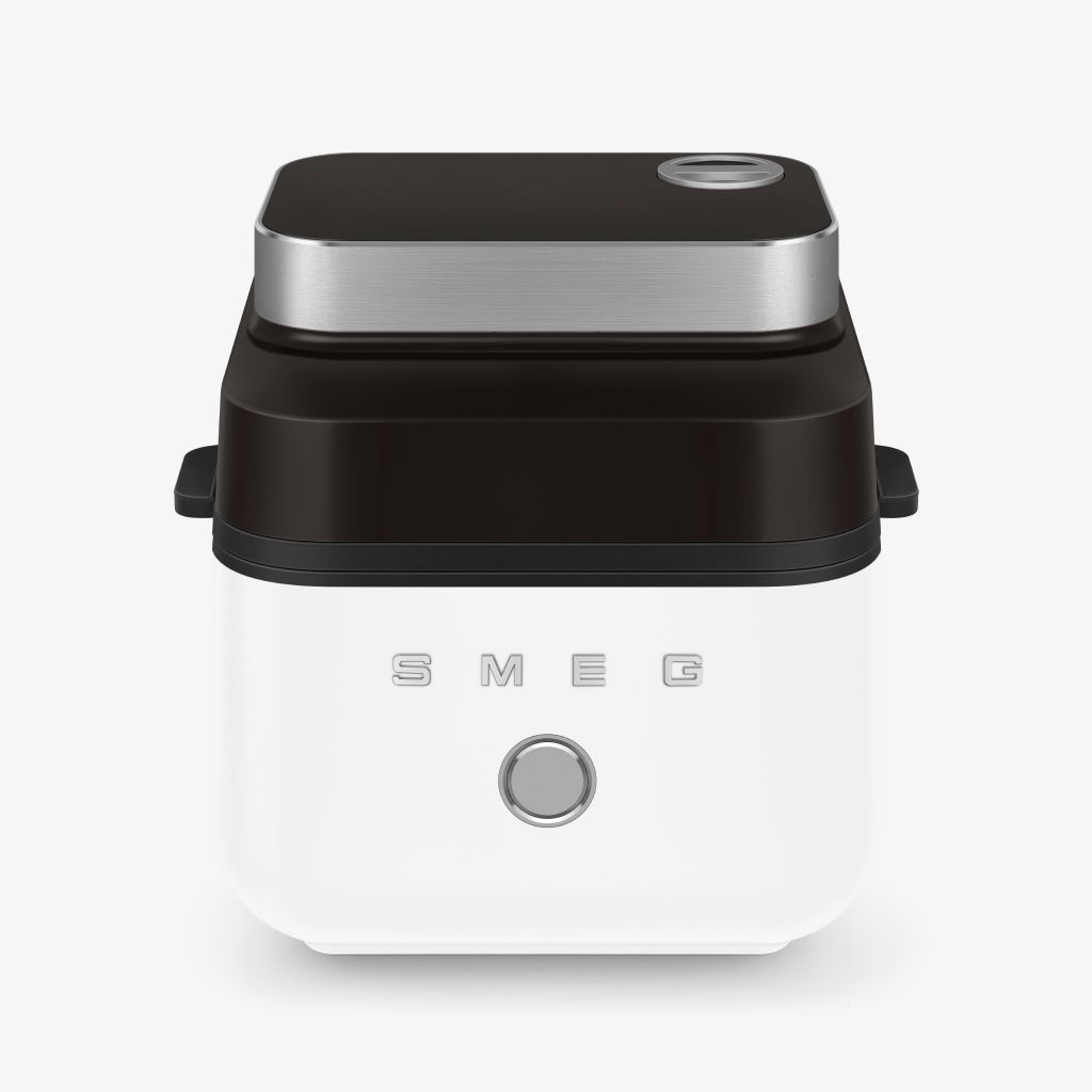 White air fryer on a matching background.