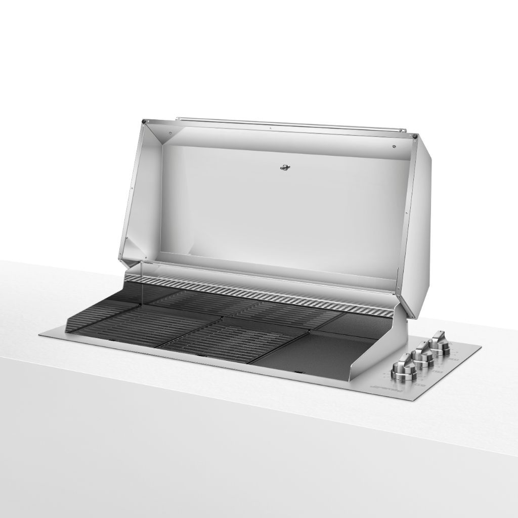 Image of a built-in stainless steel barbecue with the lid open. The cooking surface includes evenly arranged grates and plates. On the right side, there are three cylindrical knobs for temperature control. The design is sleek and modern, with a polished finish. The background is plain white, with no additional elements.