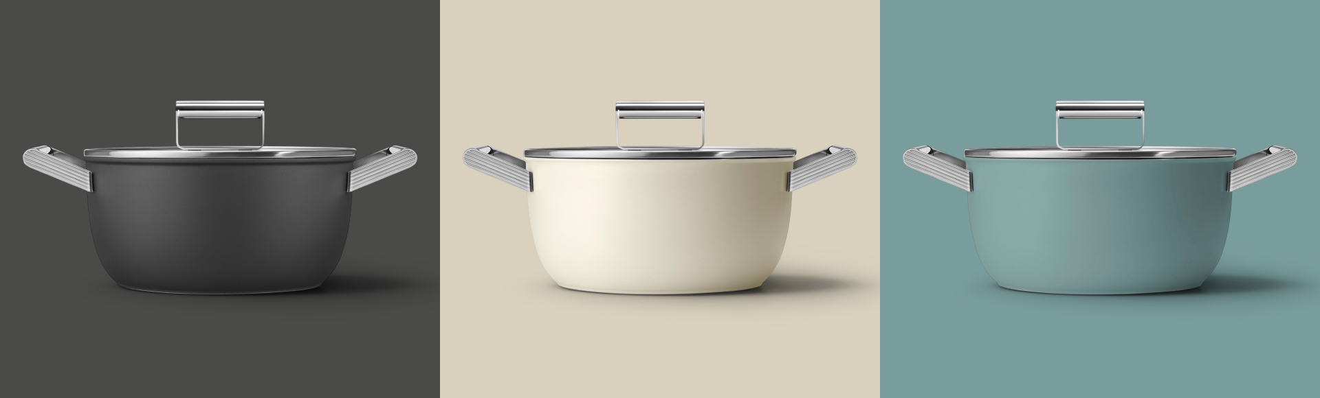 Three casseroles in black, cream, and green A graphic composition showing three casseroles. The colors of the pans are, from left to right, black, cream and emerald green.