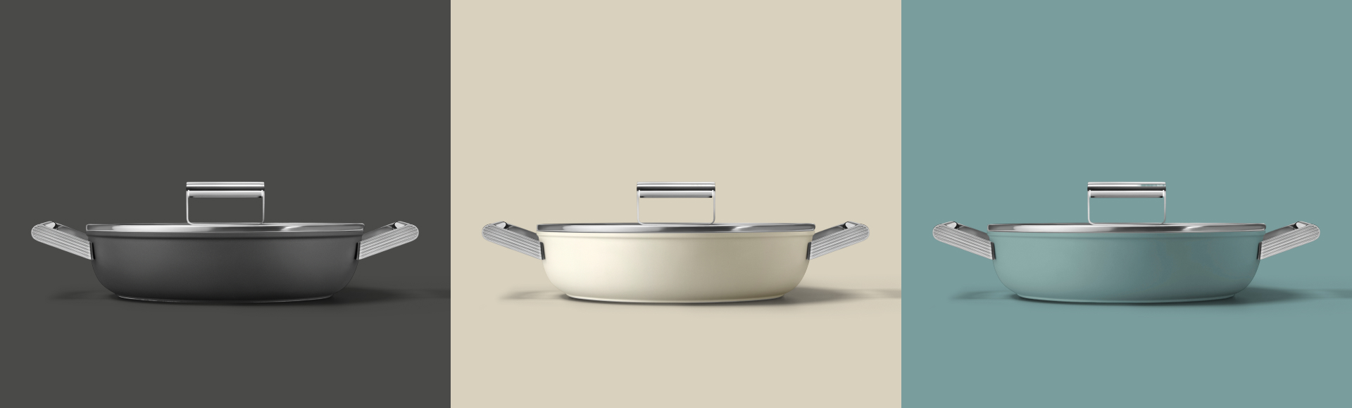 Three deep pans in black, cream, and green A graphic composition showing three deep pans. The colors of the pans are, from left to right, black, cream and emerald green.