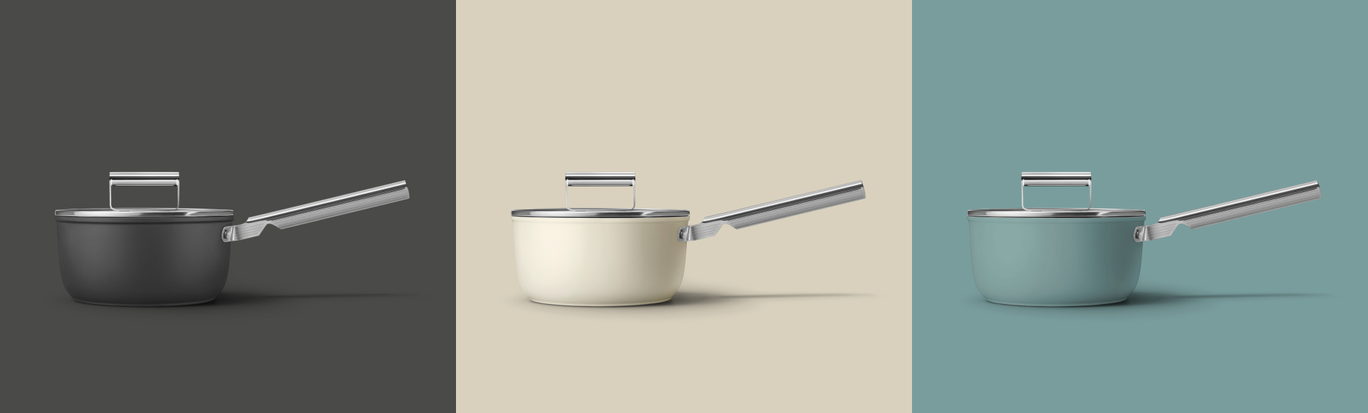 Three saucepans in black, cream, and green A graphic composition showing three saucepans. The colors of the pans are, from left to right, black, cream and emerald green.