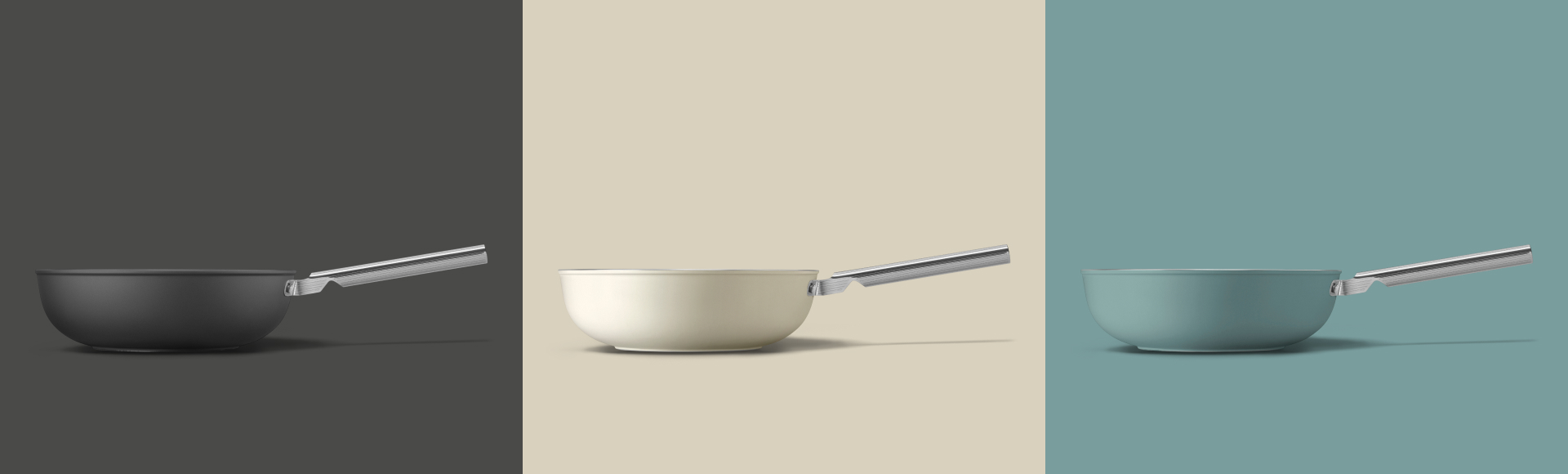 Three woks in black, cream, and green A graphic composition showing three woks. The colors of the pans are, from left to right, black, cream and emerald green.