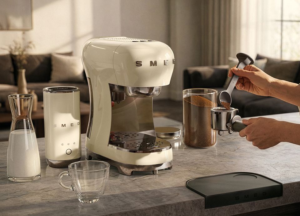 ream SMEG espresso machine with matching milk frother coffee set on a kitchen countertop while a person scoops ground coffee into a portafilter, with milk carafe, coffee grounds container, and glass cups nearby in a home coffee setup