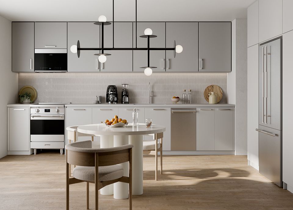 A bright, modern kitchen with white cabinetry and a built-in Smeg microwave integrated at eye level.