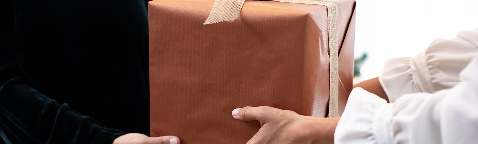 Two people exchange a large rectangular gift wrapped in  brown paper and tied with a beige ribbon. A Christmas tree with warm  lights is visible in the background