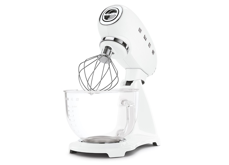 White stand mixer model with glass bowl