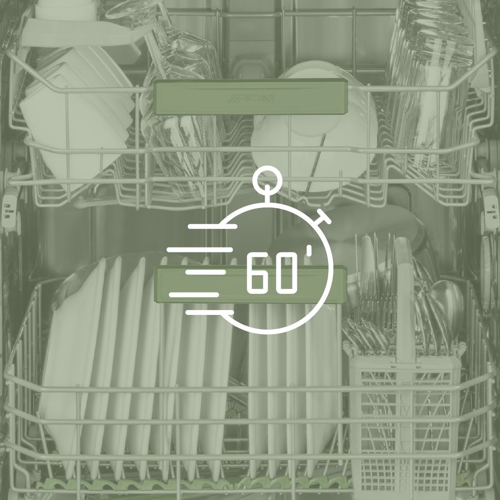 A stopwatch icon showing 60 minutes. In the background, a dishwasher filled with clean dishes.