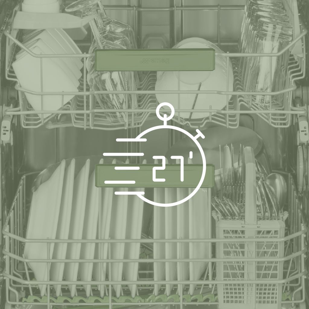 A stopwatch icon showing 27 minutes. In the background, a dishwasher filled with clean dishes.