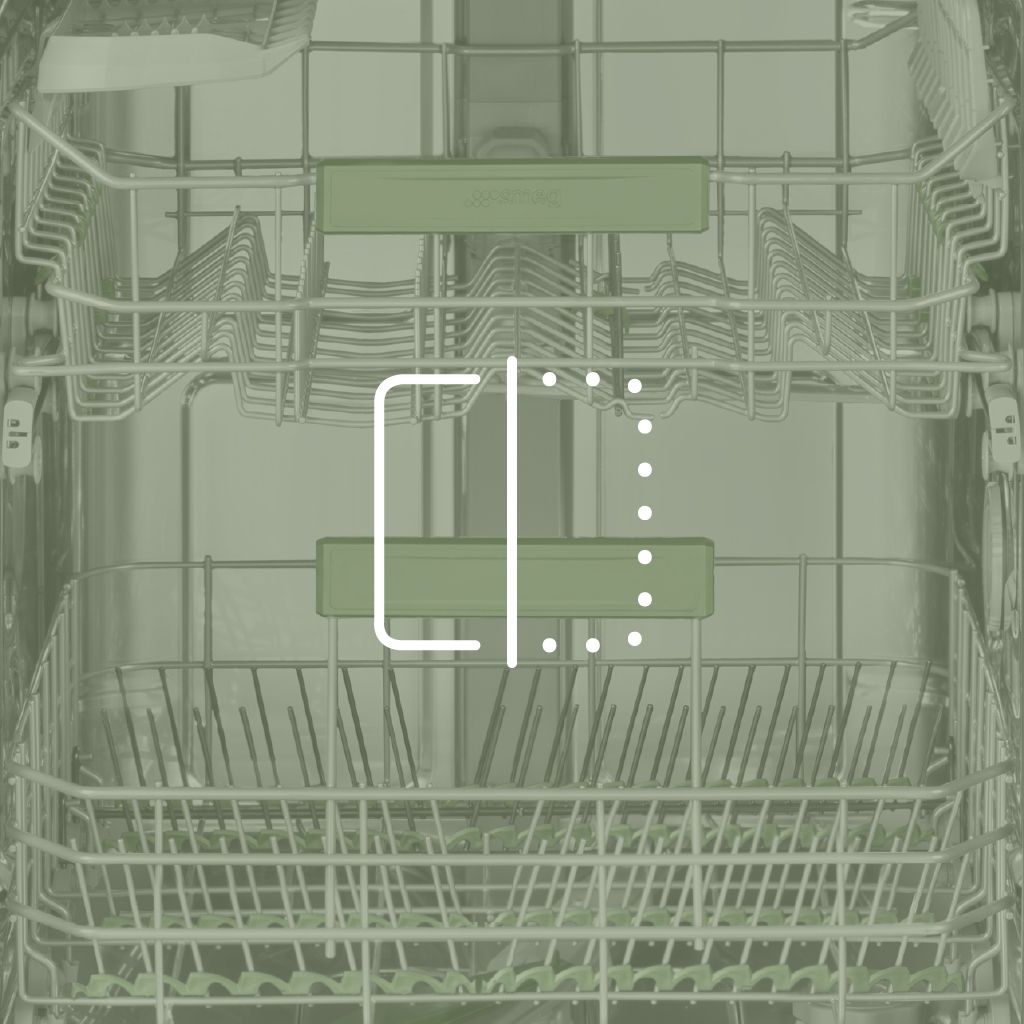 A dishwasher rack is shown with an icon indicating its adjustable height, demonstrating flexible loading options.