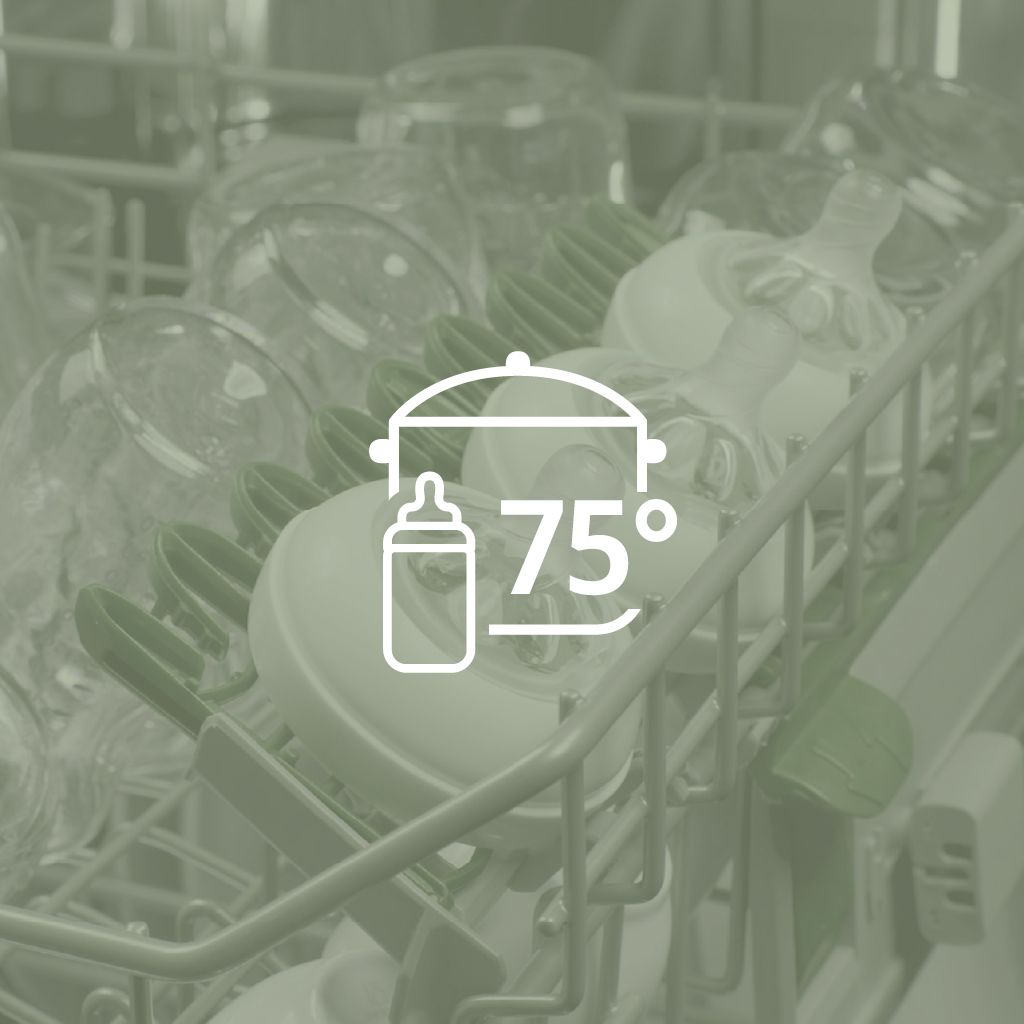 A pot and baby bottle symbol with 75° text. In the background, dishware sits in the lower rack of a dishwasher