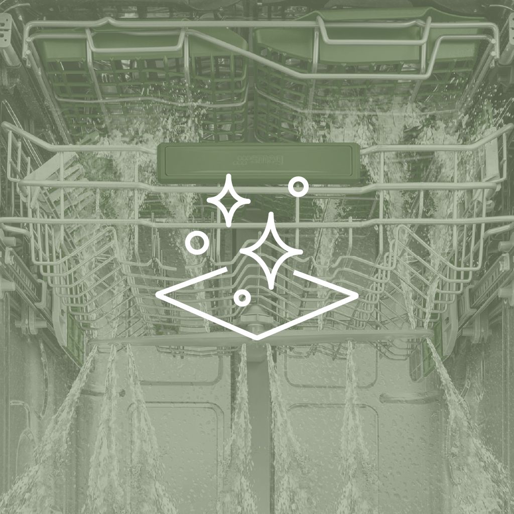 Icon with a shining top. In the background, an empty dishwasher in self-cleaning mode with water jets