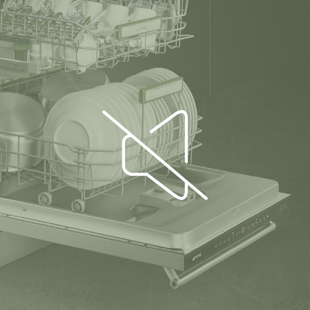 Volume off icon. In the background, an open dishwasher with clean dishes inside