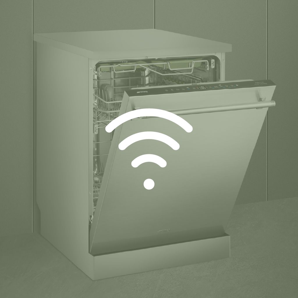 A dishwasher with its door slightly ajar, featuring a prominent Wi-Fi signal icon, indicating smart connectivity.
