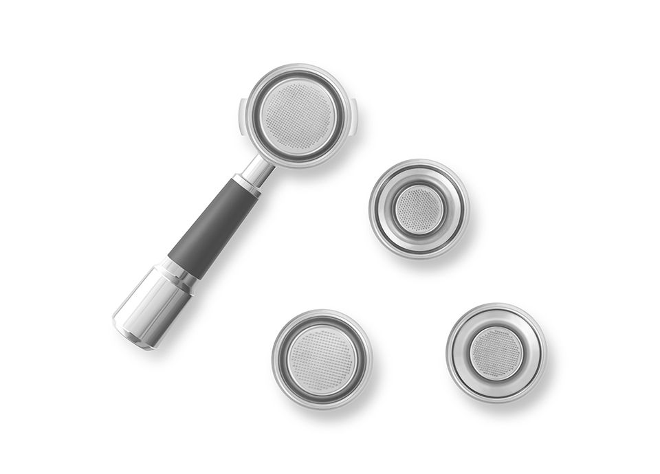 Stainless steel portafilter with black handle and three interchangeable filter baskets, displayed on a clean, light background.