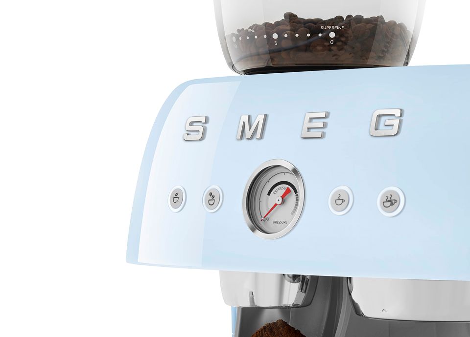 Pastel blue Smeg manual espresso machine with bean hopper, pressure gauge, and control buttons highlighting customizable brewing settings