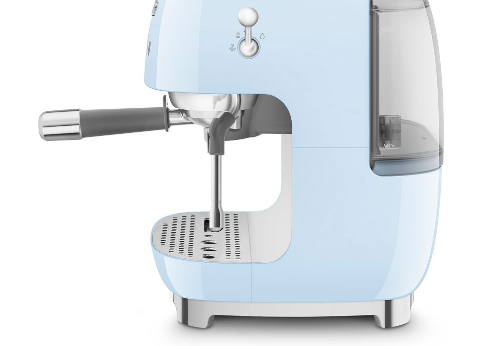 Side view of a pastel blue Smeg manual espresso coffee machine with steam wand, portafilter, and removable water tank