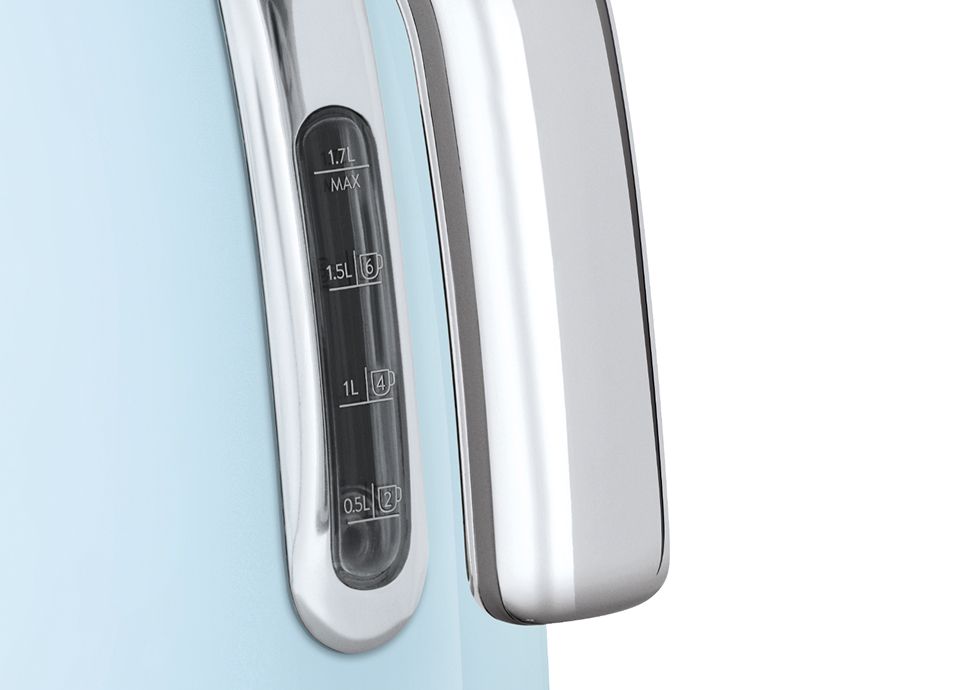 Close-up of a pastel blue kettle's transparent water level indicator with liter and cup markings.