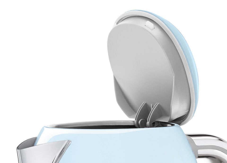 Close-up of a pastel blue kettle with its lid open, highlighting the chrome handle and spout against a white background.