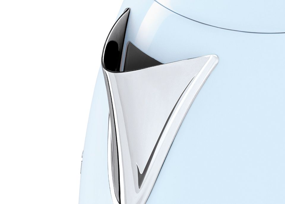 Top-down view of a pastel blue kettle featuring the chrome spout, lid button, and ergonomic handle.