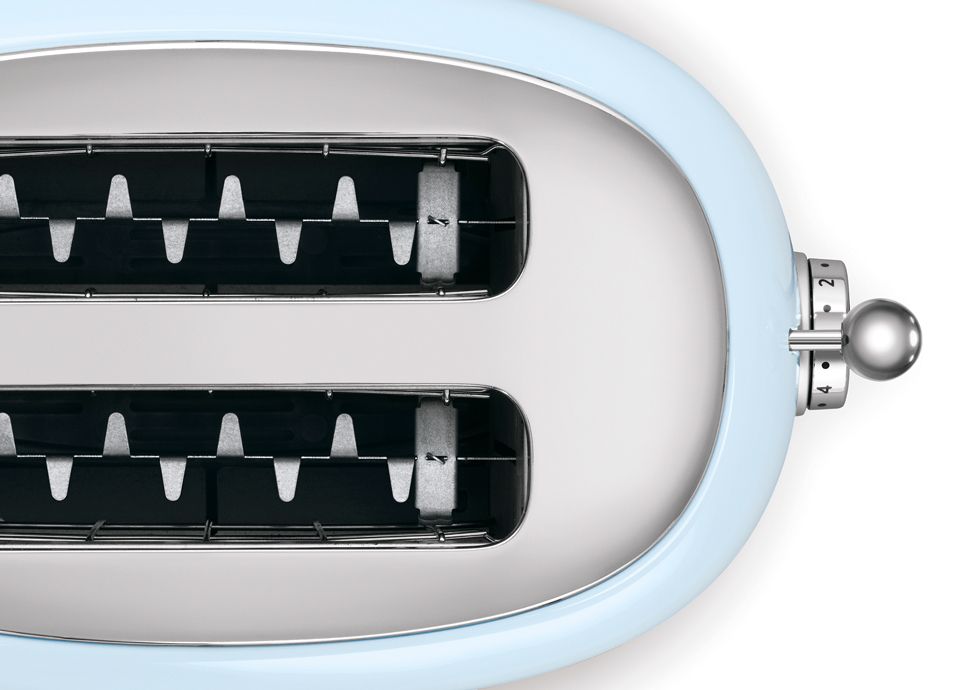 Top-down view of a pastel blue 2-slot toaster showing the chrome-lined slots and browning control lever.