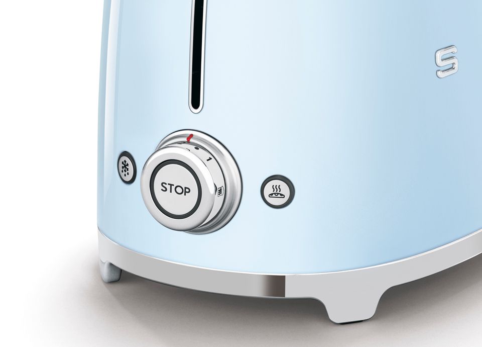 Side view of a pastel blue toaster featuring a backlit stop button and a chrome browning level adjustment knob.