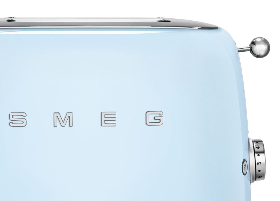 Front and side views of pastel blue toaster, showing the chrome control lever, stop button, and Smeg logo.