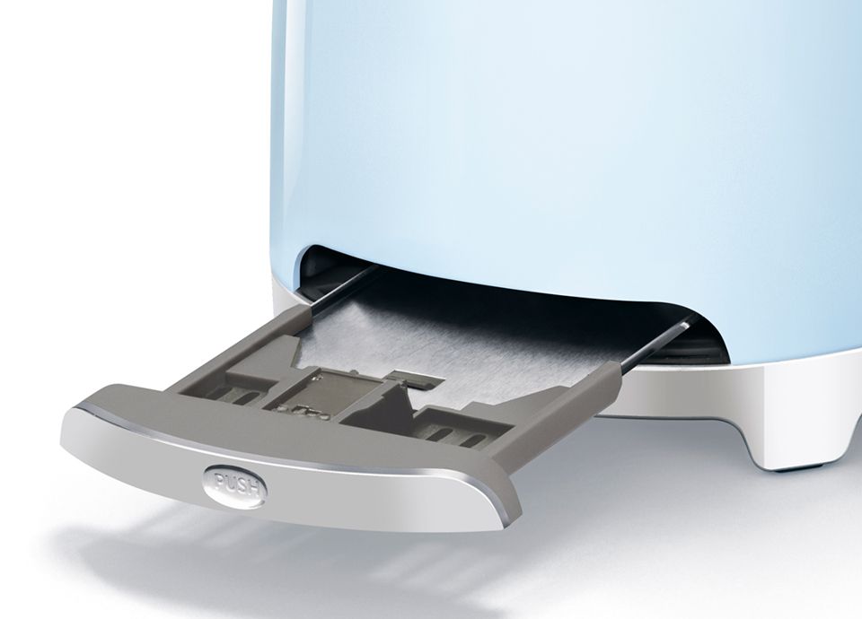 Pastel blue toaster with removable crumb tray partially pulled out for easy cleaning.