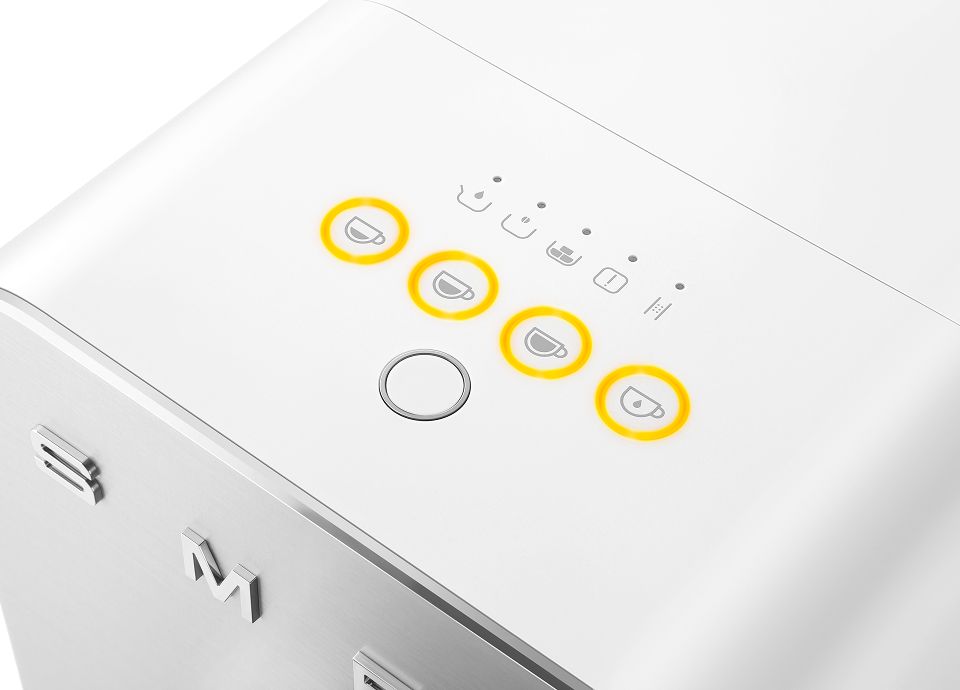 Close-up of Smeg coffee machine control panel with beverage selection icons highlighted on a white interface