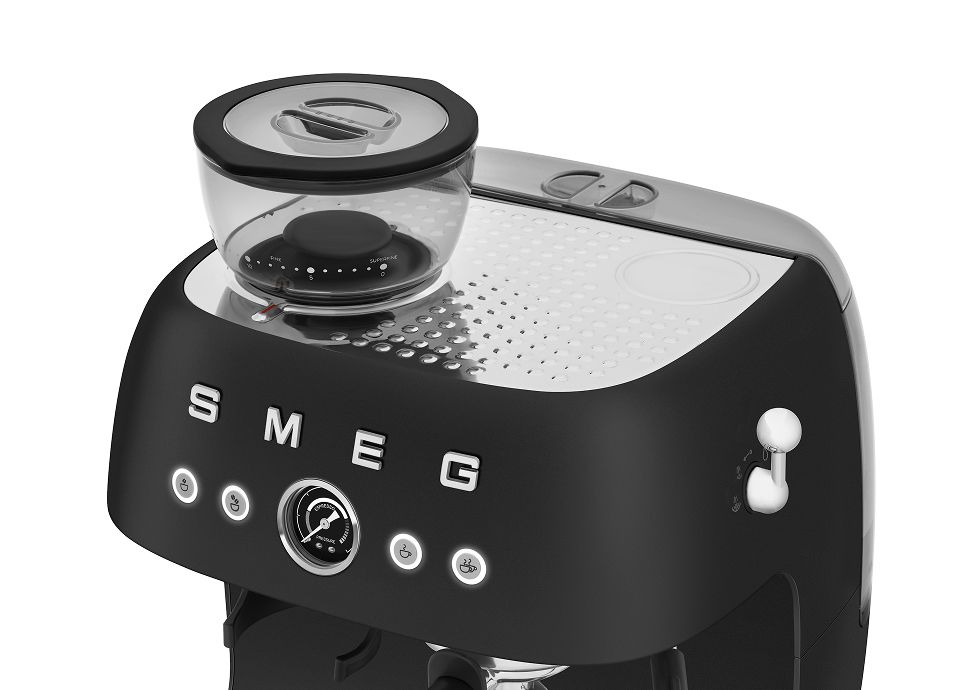 Matt black Smeg manual espresso coffee machine with built-in grinder, bean hopper, pressure gauge, and steam knob