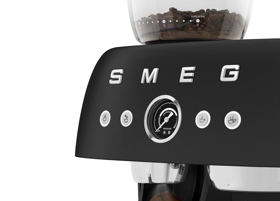 Matt black Smeg manual espresso machine with bean hopper, pressure gauge, and control buttons highlighting customizable brewing settings