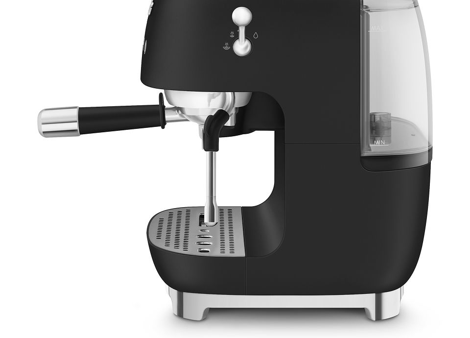 Side view of a matt black Smeg manual espresso coffee machine with steam wand, portafilter, and removable water tank
