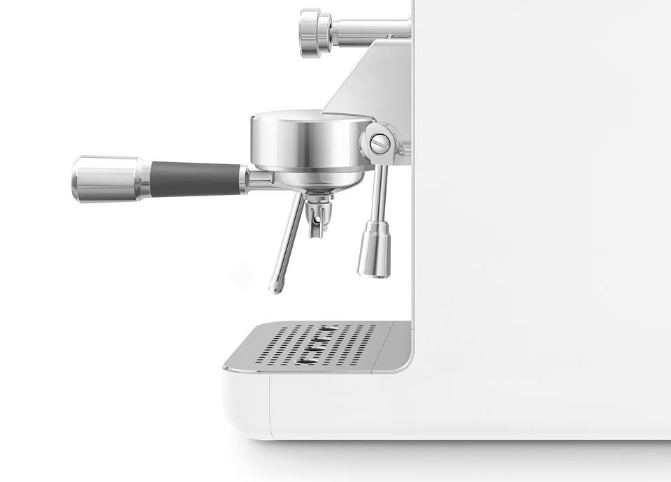 White miniprofessional coffee machine with portafilter and steam wand, highlighting triple thermoblock system for precise temperature control