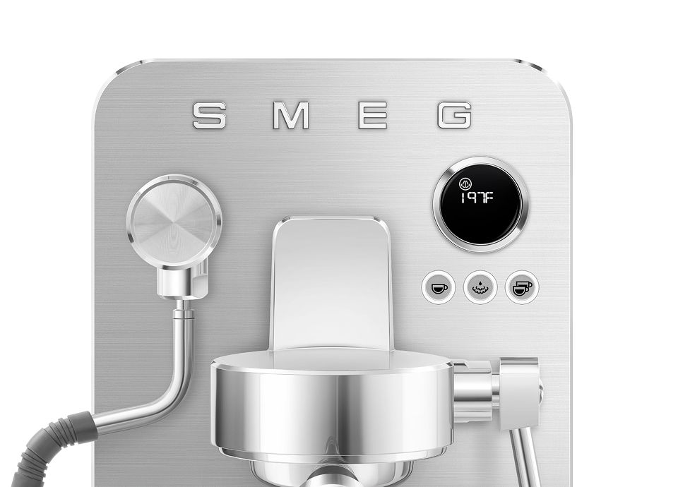 Stainless steel mini professional coffee machine front panel with display, control knob, and integrated portafilter
