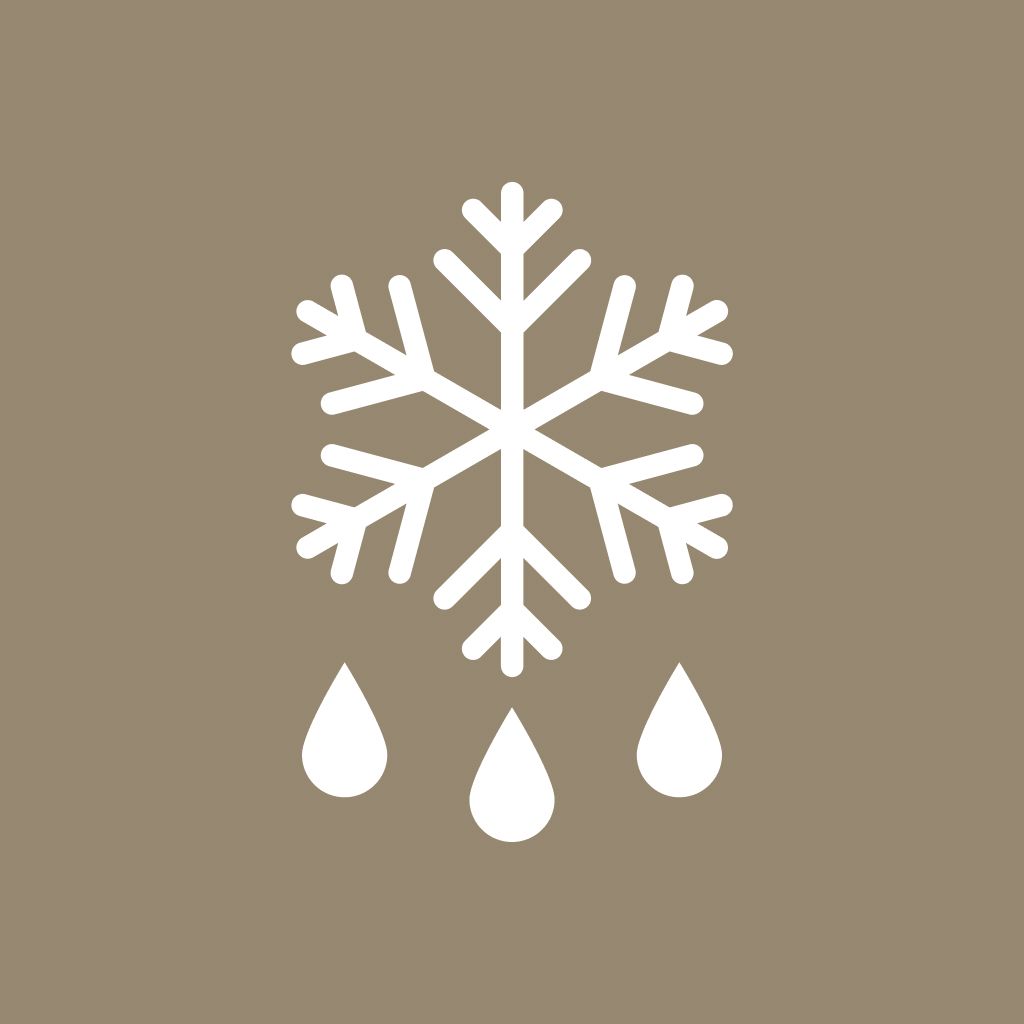 A white snowflake icon with three water droplets below it, representing the defrosting function.