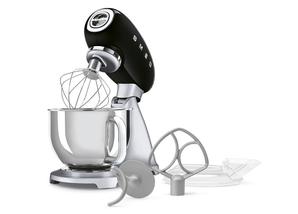 Black SMEG Stand Mixer with accessories by side