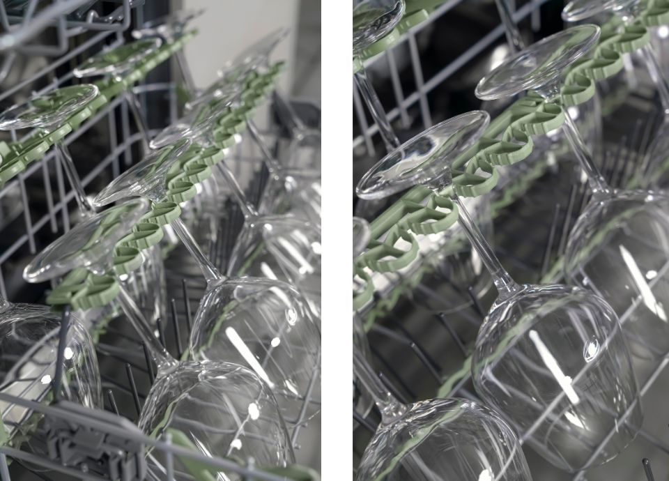 Wine glasses in the lower basket of a dishwasher held securely by WinePro design, preventing breakage or damage