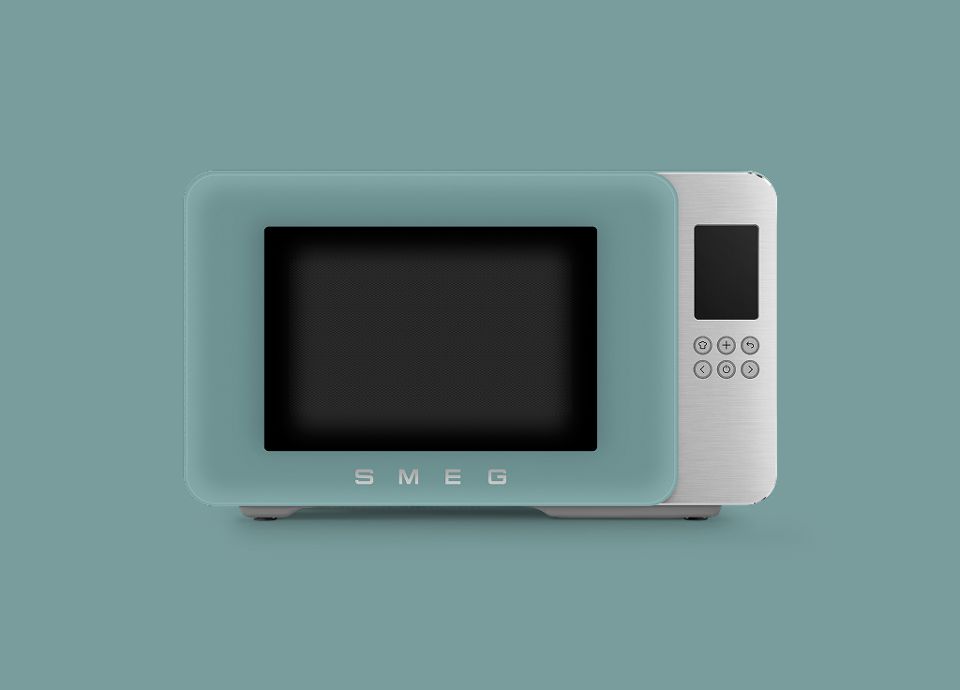 Forno a microonde SMEG con grill, finitura verde smeraldo opaca e comandi in acciaio inox.