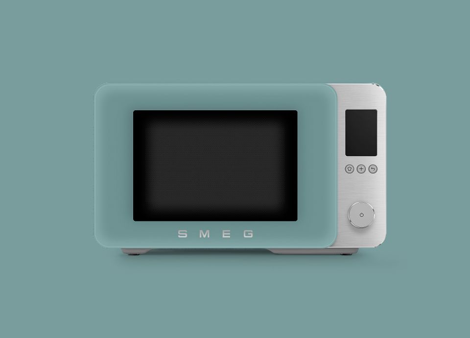 Forno a microonde combinato SMEG con finitura verde smeraldo opaca e comandi in acciaio inox.