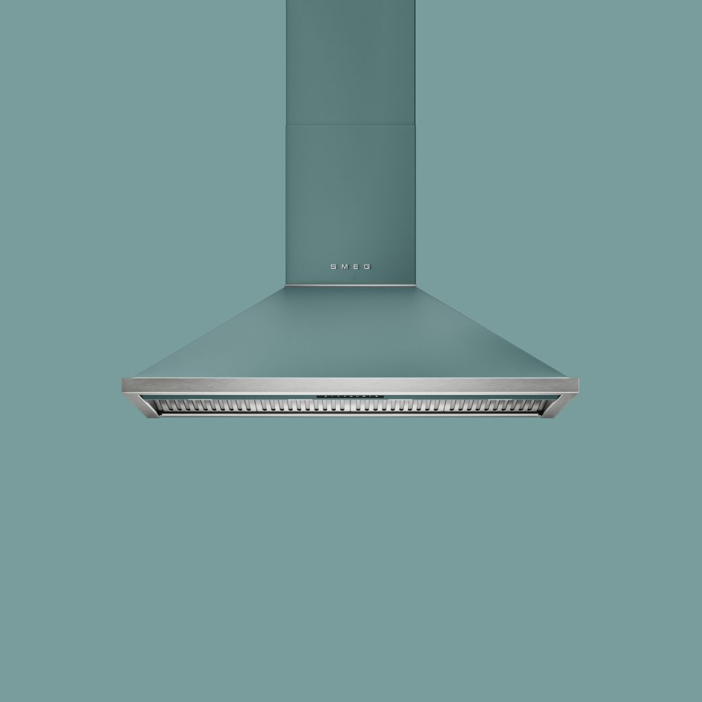 SMEG 120 cm Dunstabzugshaube in Emerald Green Matt mit Edelstahlelementen.