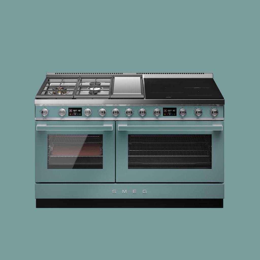 150 cm freestanding cooker with dual ovens, mixed gas and induction hob, and precision control knobs