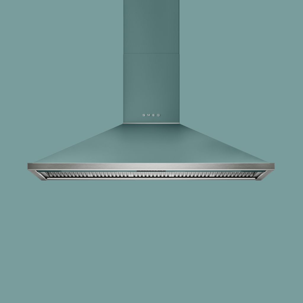 150 cm wall-mounted kitchen hood in emerald green matt finish with wide canopy and stainless steel filter