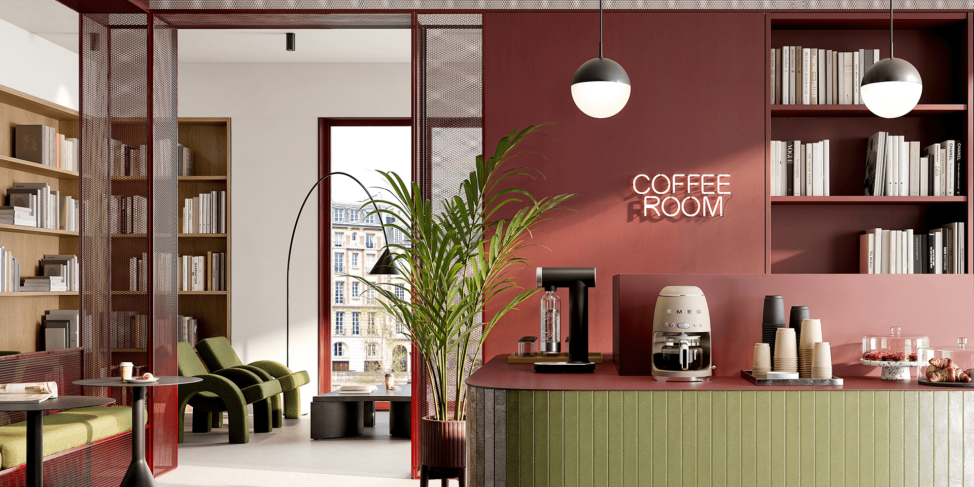 Contemporary coffee corner with a matt black soda maker and a drip filter coffee machine in moonlight matt finish, placed on a curved counter in a stylish interior featuring a “COFFEE ROOM” sign, shelves, plants, and warm terracotta-toned walls.