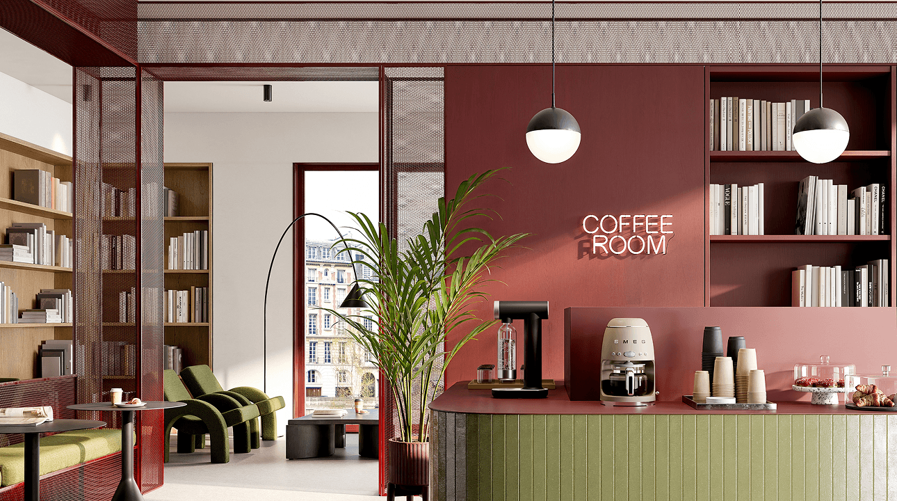 Contemporary coffee corner with a matt black soda maker and a drip filter coffee machine in moonlight matt finish, placed on a curved counter in a stylish interior featuring a “COFFEE ROOM” sign, shelves, plants, and warm terracotta-toned walls.