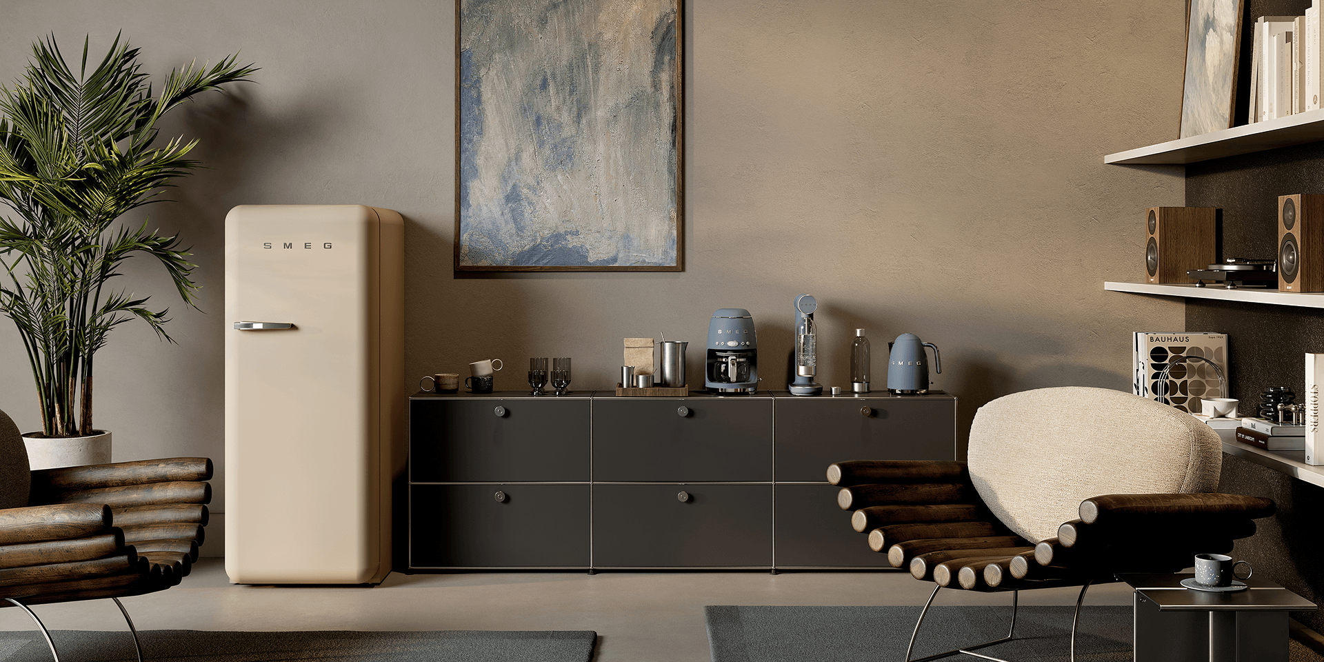 Stylish living space featuring SMEG appliances in moonlight matt finish, including small countertop appliances arranged on a dark sideboard, paired with a retro-style refrigerator, warm neutral walls, wooden furniture, and soft natural textures.