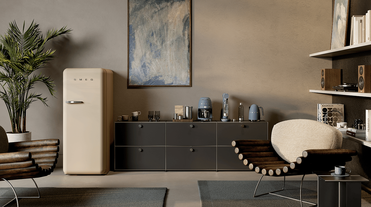 Stylish living space featuring SMEG appliances in moonlight matt finish, including small countertop appliances arranged on a dark sideboard, paired with a retro-style refrigerator, warm neutral walls, wooden furniture, and soft natural textures.