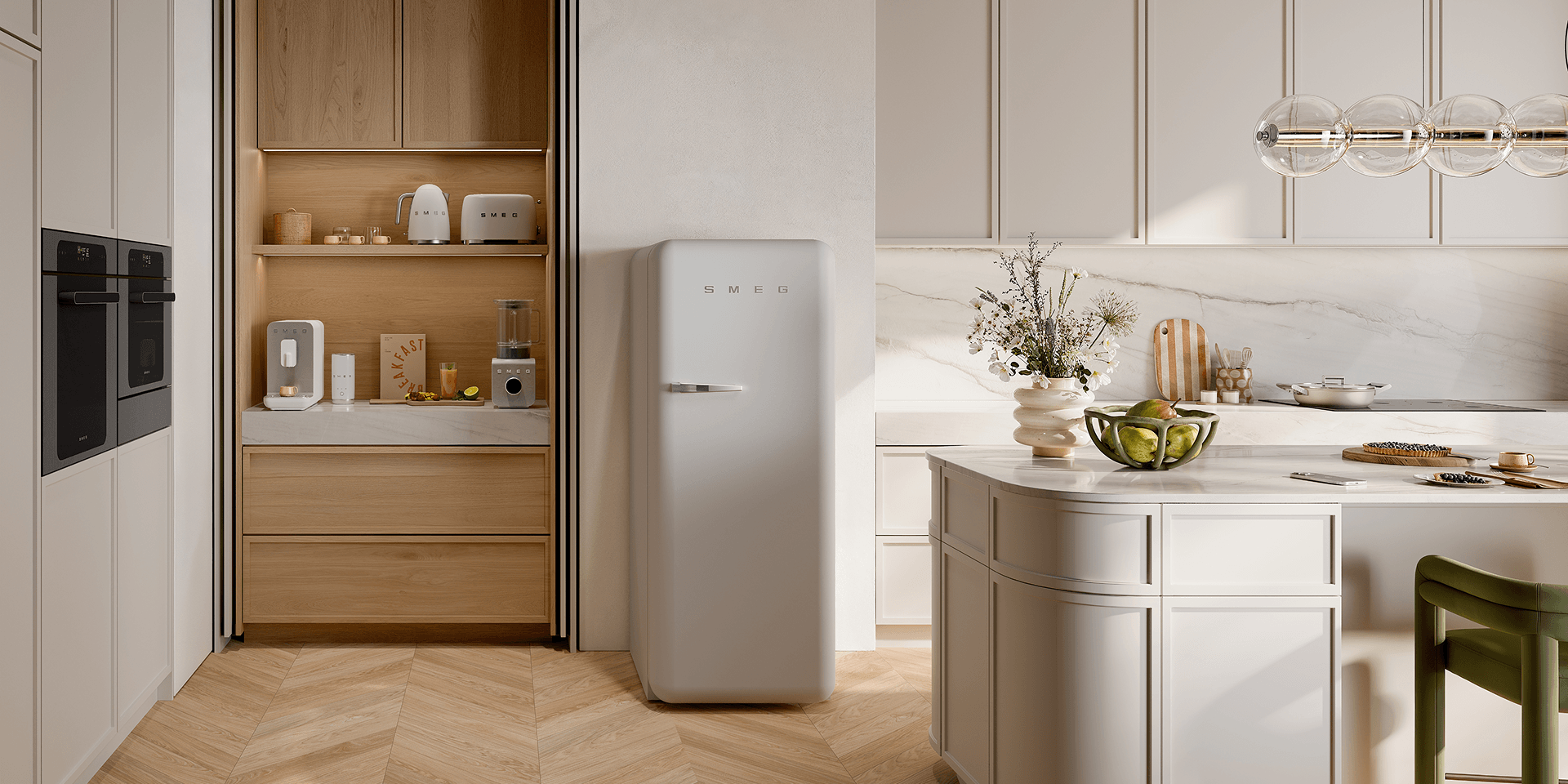 Bright, minimal kitchen featuring SMEG appliances in matt white finish, including a retro-style refrigerator and small countertop appliances, set within light cabinetry, warm wood accents, and a central island under soft natural light.