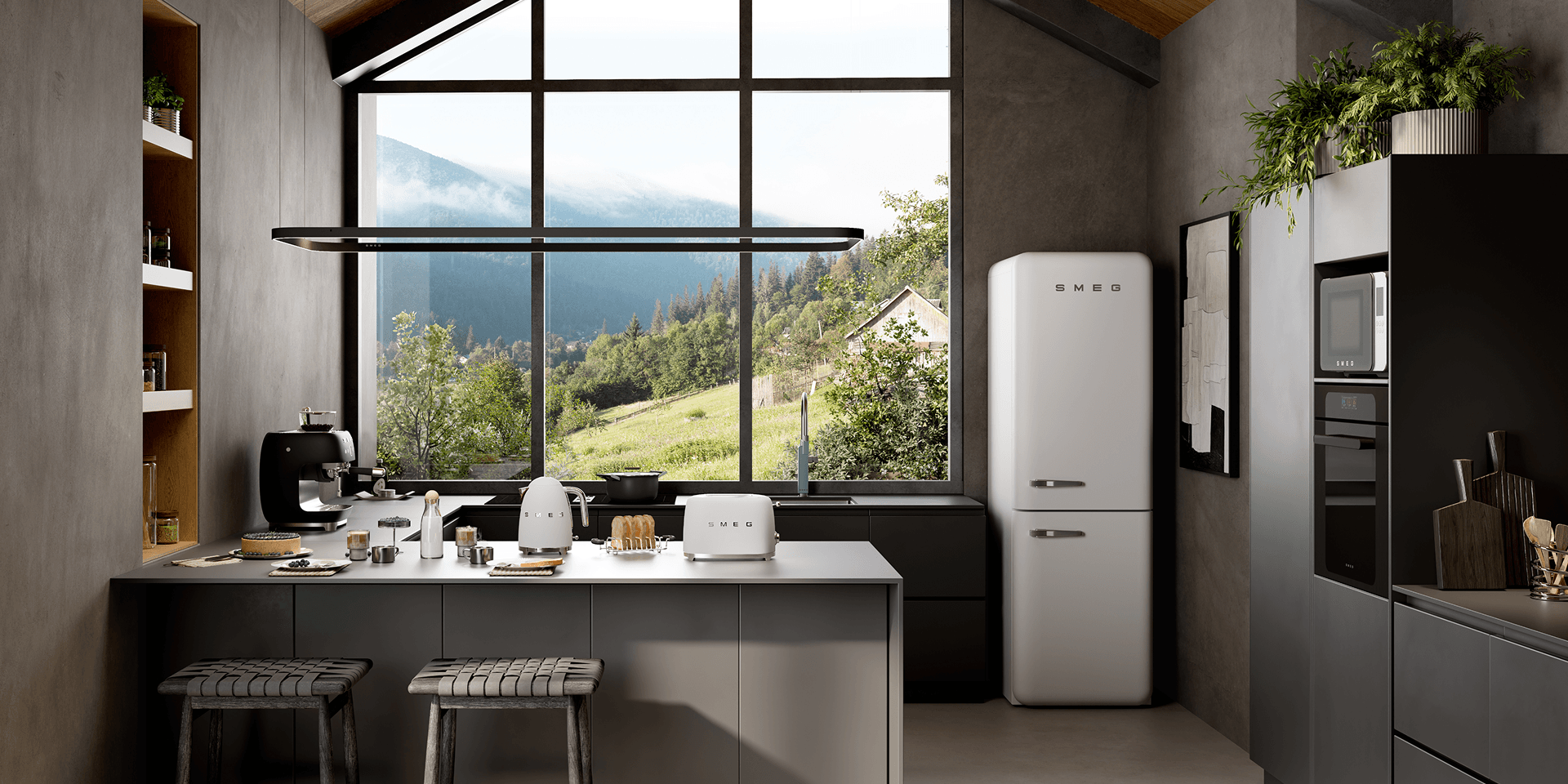 Modern kitchen with a high vaulted ceiling and large panoramic window overlooking a green mountain landscape, featuring SMEG appliances on a central island and a retro-style refrigerator, with neutral cabinetry, dark accents, and warm wood finishes.